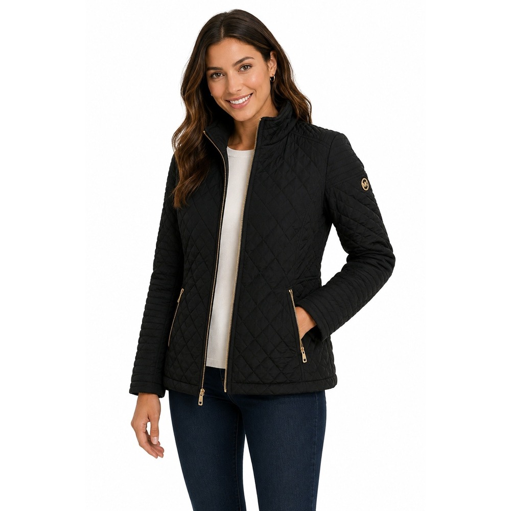 MICHAEL KORS Black Quilted Jacket Women's Size 6 Gold Zip Coat